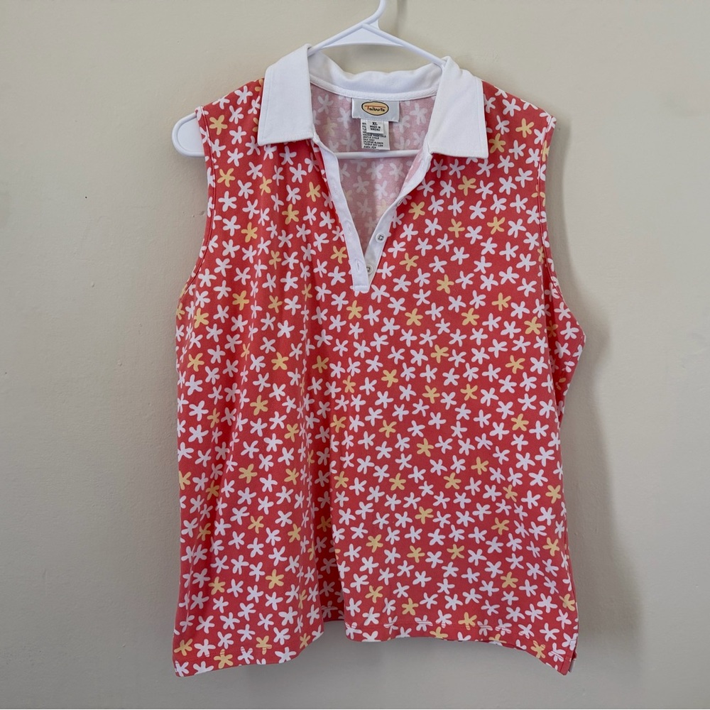 Talbots Peach and White Floral Colored v-neck Top preppy golf women’s size XL